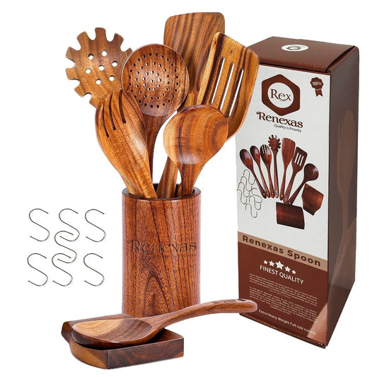 9 Pcs Teak Wooden Spoons for Cooking Kitchen Utensils Set Spatulas Rest &Holder